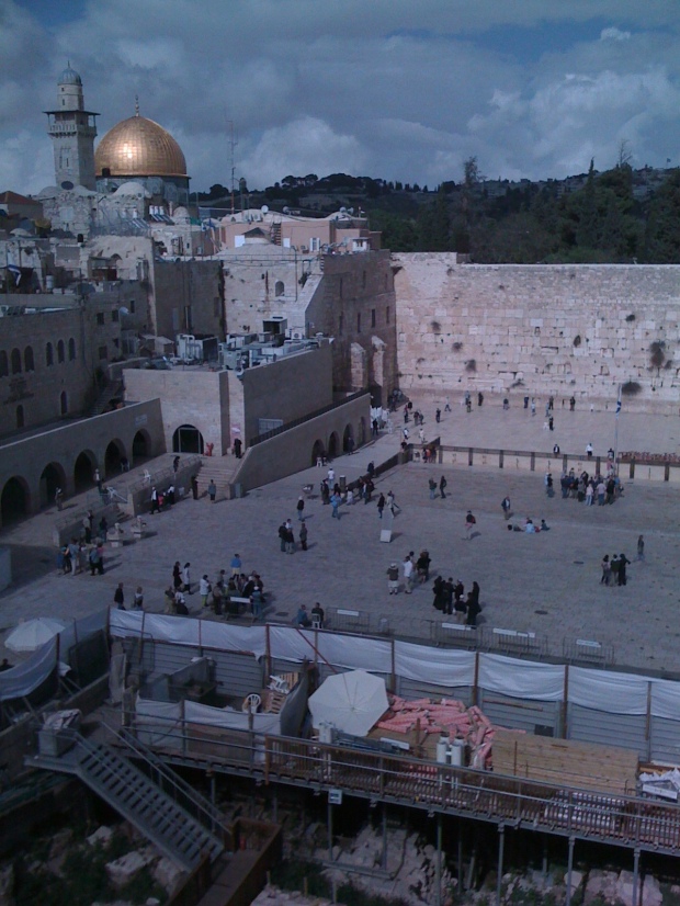 View of wailing wall with Dome of the Rock in background - Old City Jerusalem.